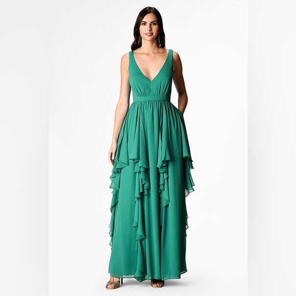 Forest Green Chiffon Dress with Layers - Picture 15 of 16